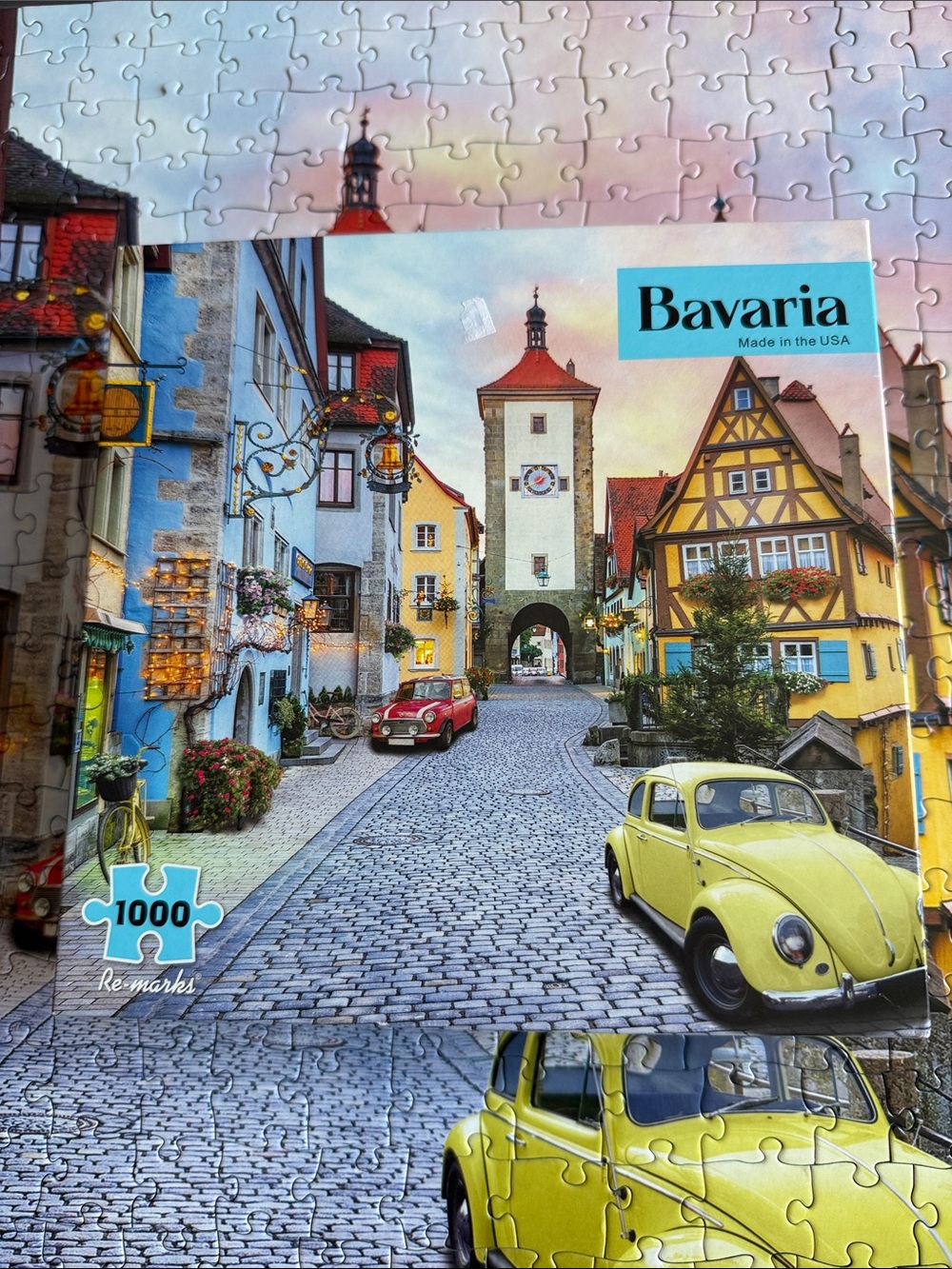 1000-Piece Jigsaw Puzzle – Yellow Vintage Car Scene Bavaria